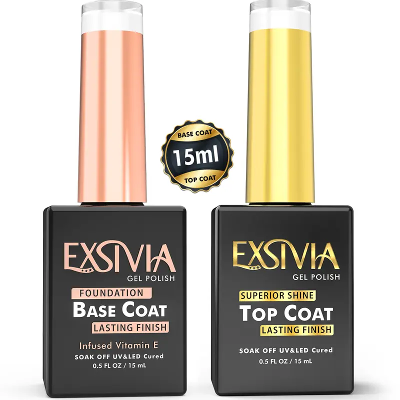 EXSIVIA Nail Gel Base Coat & Top Coat Strengthener, Vitamin E Infused, No Wipe, Chip Resistant, High Glossy Shine, Soak Off for LED UV Lamp & Halloween Nails
