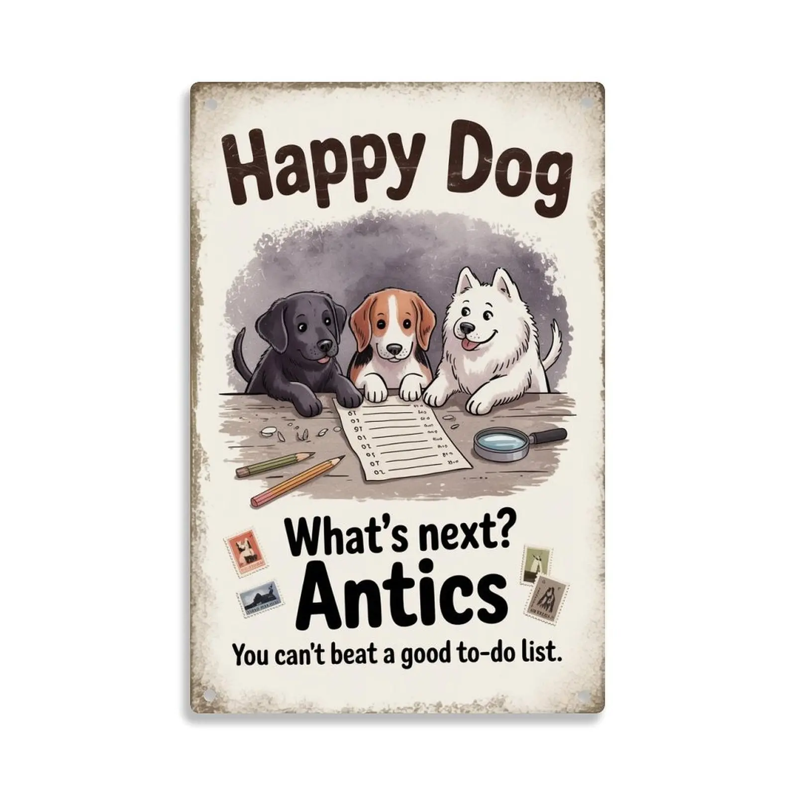 Happy Dogs What's Next Antics  To Do List Tin Sign， Vintage Cute Puppy Beagle Labrador Samoyed Metal Sign Print Aesthetic Room Decoration for Home Bedroom Kitchen Bar Dorm Bathroom Wall Decor 8 X 12 I
