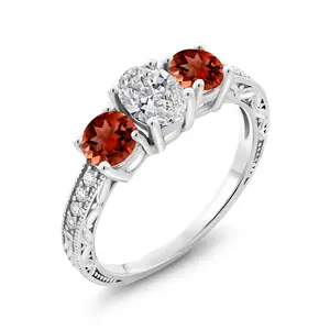 Gem Stone King 2.18 Cttw 10K White Gold IGI Certified Lab Grown Diamond and Garnet 3 Stone Engagement Ring For Women | Center Diamond Oval 1 Ct | D-E Color | VS1-VS2 Clarity
