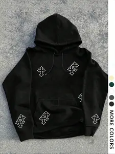 Men's Cross Pattern Print Hoodie, Loose-Fit Casual Long Sleeve Pullover, Fashionable Pocket Design, All-Season Wear