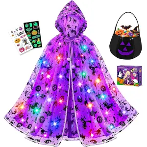 X-CPA05  Light up Witch Cape, Halloween Costumes for Girls Halloweens Dress up with Trick or Treat Bag for Girl 3 4 5 6