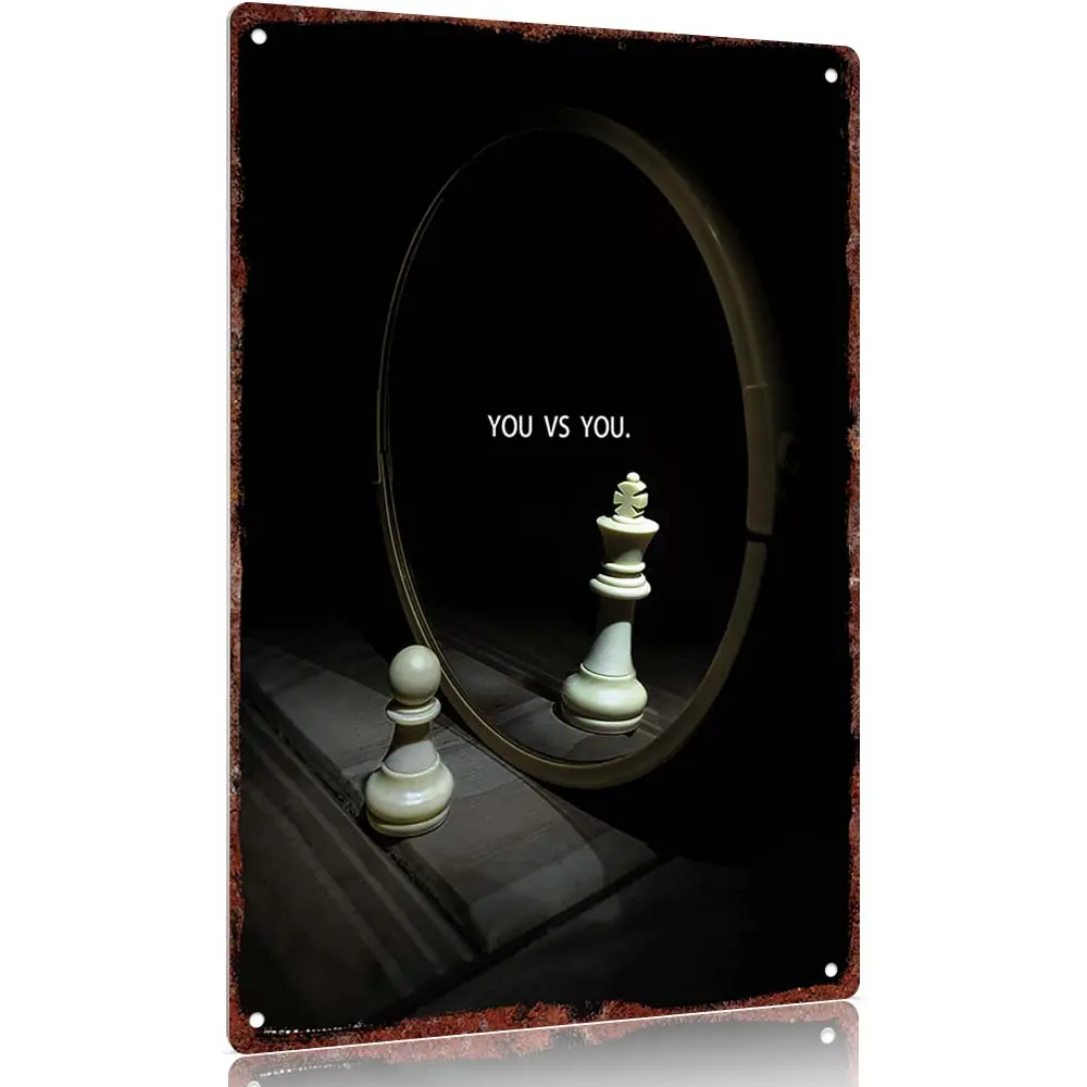 "YOU VS YOU" Motivational Aluminium Decorative Plaque - Chess Mirror Metal Desk Sign, 12x8in Hanging Wall Art Plaque for Home Office Personal Growth, Desk Signs, Hanging Plaque