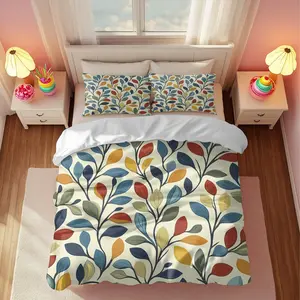 3pcsColorful leaves on cream backgroundbedding set (1*Duvet Cover + 2*Pillowcase, Without Core)+Soft comfortable and breathable Suitable for bedroom guest room hotel dormitory rooms