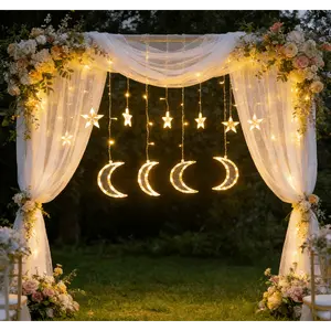 Moon and Star Fairy Lights for Wedding Decor 120 LED Window Curtain Lights with Remote and USB 8 Modes Warm White Hanging Lights for Romantic Reception and Backdrop