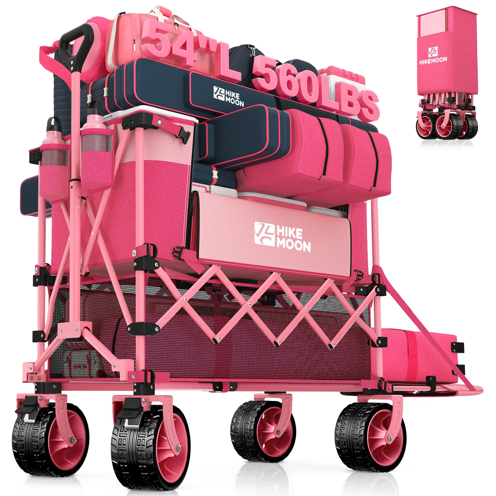 HIKEMOON 400L Double Decker Pink Folding Wagon, 54" Tailgate Fit, 560lbs Heavy Duty Cart, Collapsible Design, 4" Wide All-Terrain Wheels, 360° Tight Turns, Dual Brakes Park for Camping, Groceries (Mother’s Day Gift), Mothersday, 4" Wide Wheels
