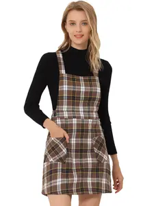 INSPIRE CHIC Plaid Tartan Button Decor A-Line Pinafore Overall Dress