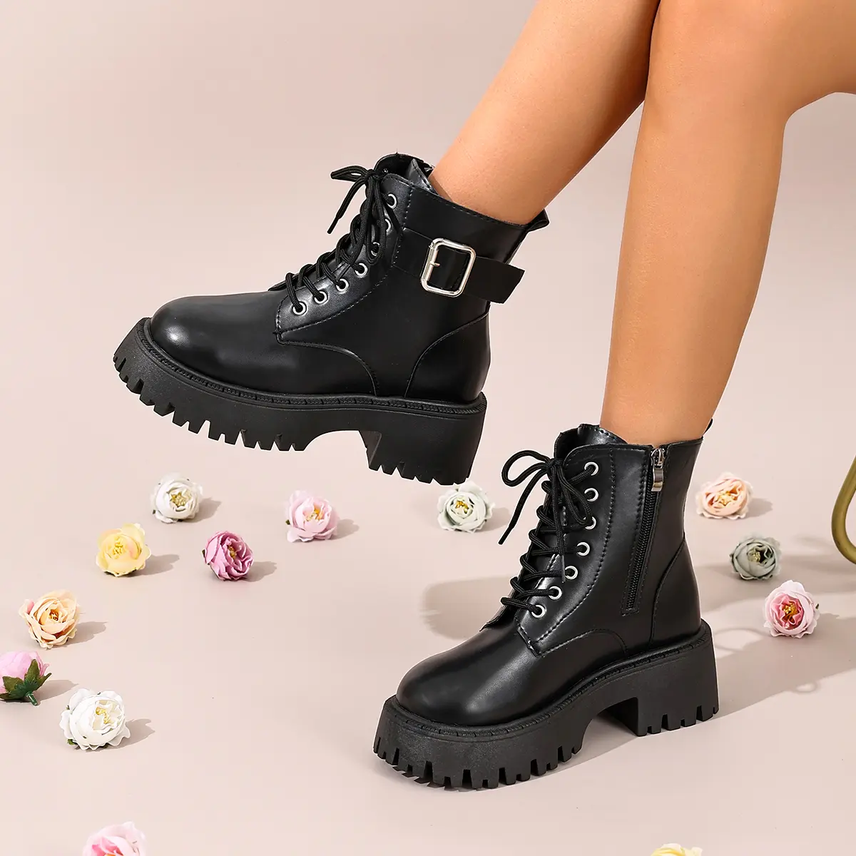 AOPLUS Womens Chunky Platform Combat Boots Buckle Strap Ankle Booties. Y2K Grunge Biker Streetwear. Wide Toe Box Standing All Day Comfort Foot Pain Relief. Anti Slip Thick Lug Sole Side Zip Black Shoes For Ladies.