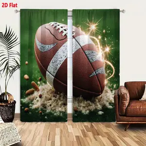 2D Flat Brown American Football with White Laces Gray/White Accents Decorative Curtain 2-Piece Set, Grassy Surface Sand/Nuts Accents Golden Sparkles Light Trails Soft Green Background Themed Window Curtains for Bedroom Living Room