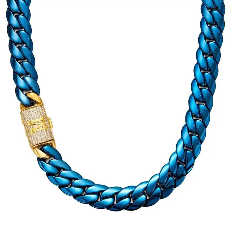Blue & Gold Miami Cuban Link NecklacePersonalized Fashionable Jewelry | 14mm with Gold Charactor A-Z Diamond Clasp Letter | Industrial Men's Jewelry for Goth/Punk/Hip Hop,bracelet italy mexico graduation ceremony party timeless shine anniversary