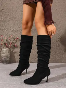 New Velvet Pleated Stack Boots, Women's Narrow Heel High Heel Tall Boots, Slimming Versatile Over-The-Ankle Long Boots