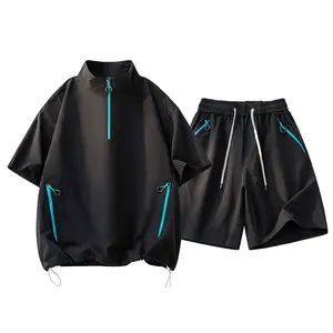 Men’s new summer two-piece set for outdoor sports and casual wear: stand-collar short-sleeve breathable shorts and stylish top; relaxed, comfortable style with premium quality.