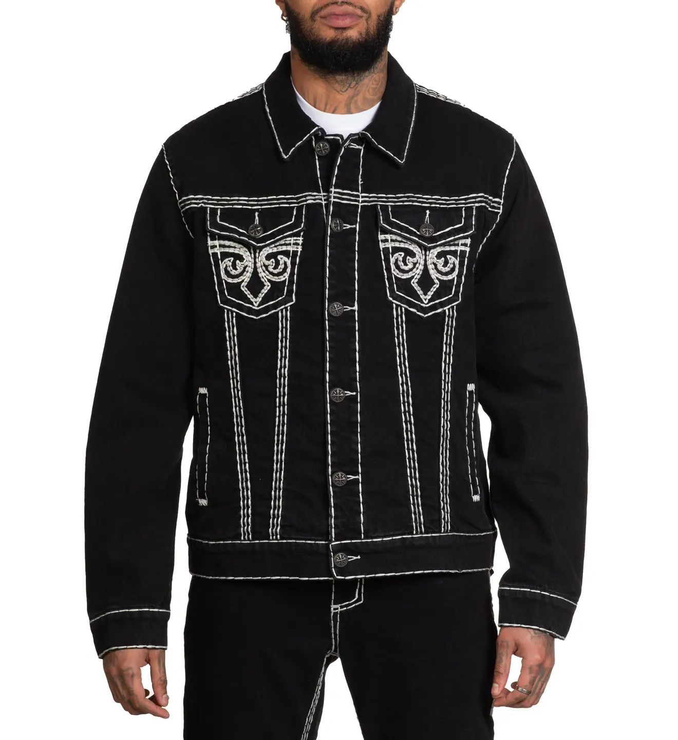 Affliction Men's Black Denim Coat - Menswear Casual Graphic Jacket, Men's Top, Jackets
