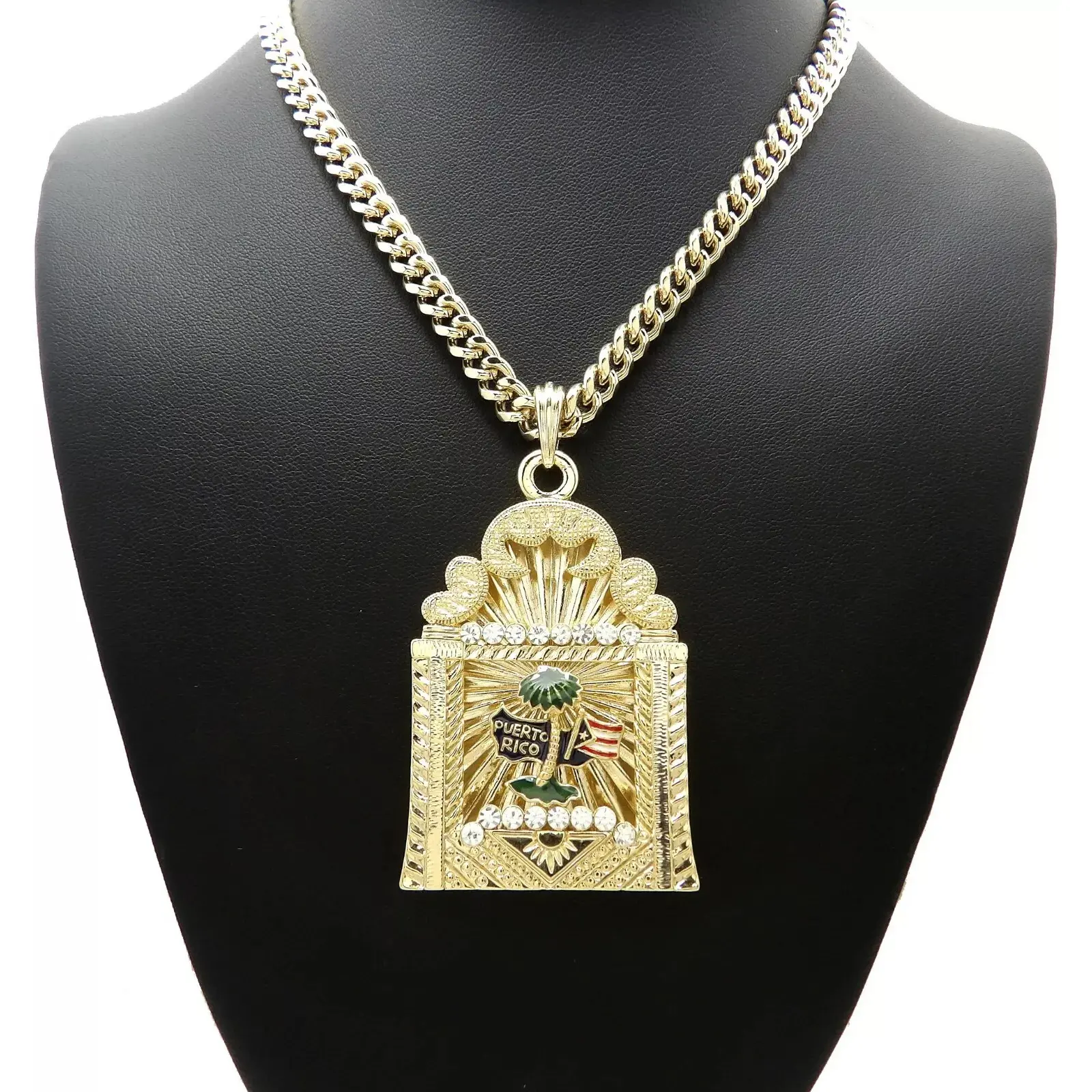 MaxBling81 Puerto Rico Gold-Plated Large Pendant & 6mm Cuban Chain Link Necklace, 20"-36" Multi-Size Lengths, Unisex Hip Hop Costume Jewelry for Daily Fashion, Chain Links Necklaces