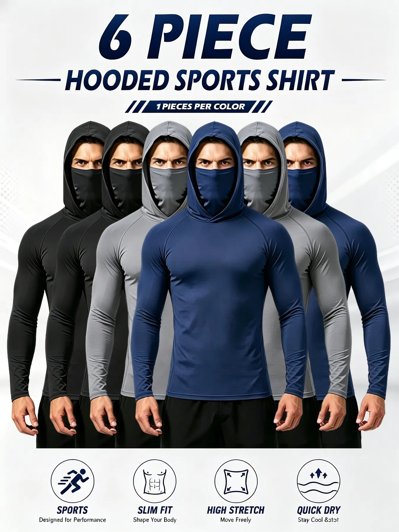 6/3 Pack Men's Sun Protection Long Sleeve Hooded Shirts, 4-Way Stretch Quick Dry Compression Work Shirt with Built-in Face Mask & Neck Gaiter, UV Protection for Fishing Cycling Gardening Outdoor Work Dry Fit Active