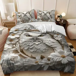 Bedding 3-piece set - 3PCS,White Owl Flower Surround Design Down Comforter Set (1 comforter cover + 2 pillowcases, filling not included) - soft and comfortable, suitable for family bedrooms.