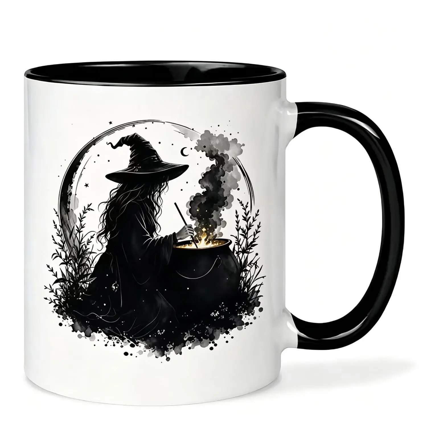 Vintage Dark Ink Witch Cauldron Mug Ink Wash Witch Stirring Magic Pot Crescent Moon Wild Herb Circle Print Mystical Gothic Gift for Witches And Dark Art Lovers for Halloween