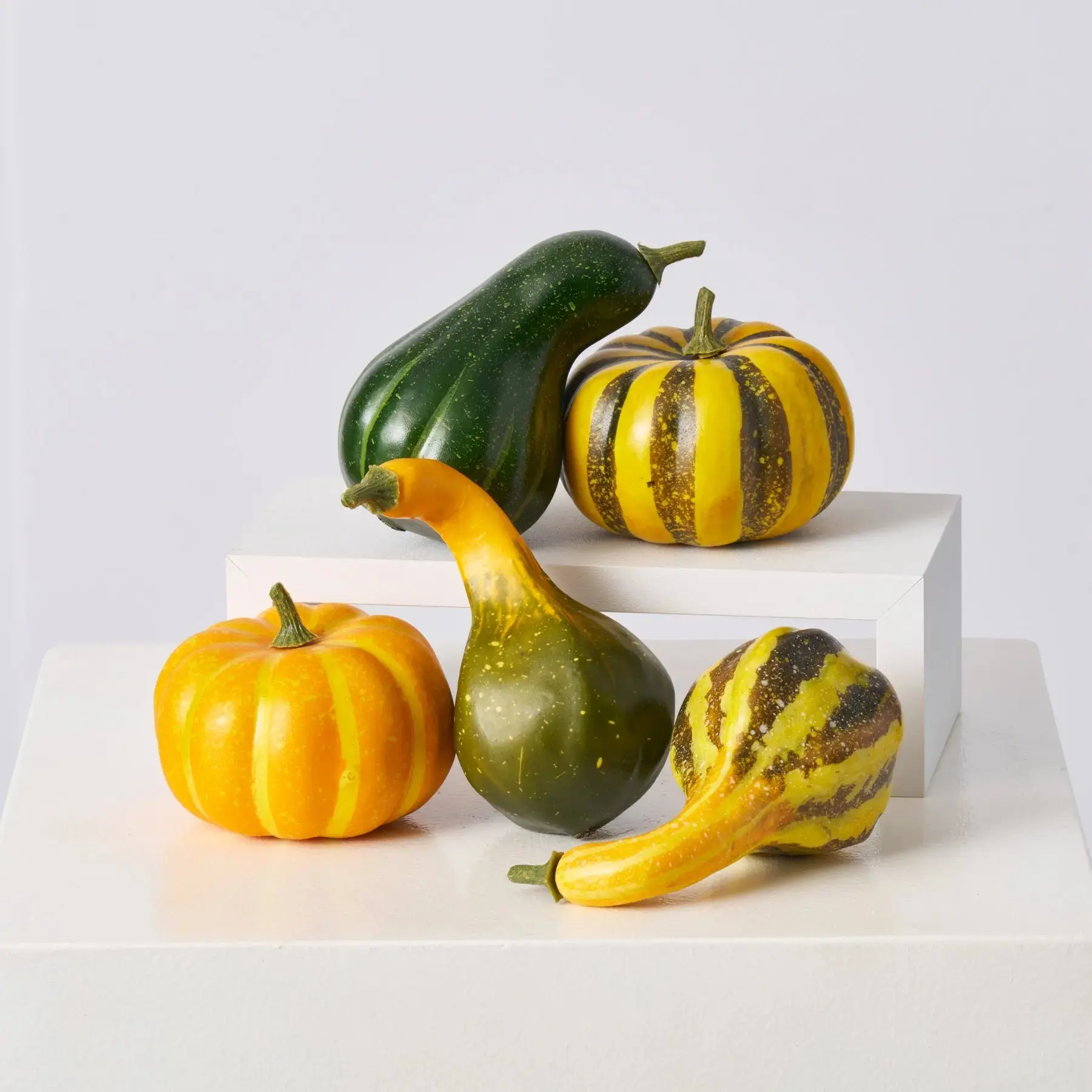 Decorative Plastic 5-Piece Assorted Orange & Green Pumpkin & Gourd Ornaments Set, Mixed Sizes Fall Thanksgiving Home Decor Supplies for Entryways