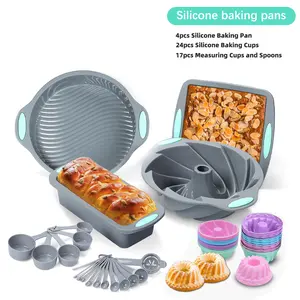 Silicone Baking Pans 45Pcs Set for Easter & Halloween Treats Includes 4pcs Pans 24pcs Cups 17pcs Measuring Cups and Spoons