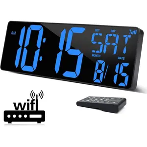 Large Digital Wall Clock WiFi Sync, 16.5 in Large Display Wall Clock with Temperature/Date/Week, LED Big Digital Timer Clock with Remote Control, Alarm Clock for Home and Office, Auto-dimming