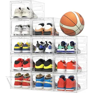 Pinkpum 12 Pack X-Large Highly Clear Shoe Storage Box Fit Size 12, Thicken & Sturdy Clear Plastic Stackable Shoe Organizer Closet, Sneaker Storage Display Case Holder Bins with Magnetic Door