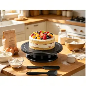 Black Plastic Cake Turntable & Decorating Stand – DIY Baking Tool Set (Includes Cream Scraper & Spatula) – In Stock