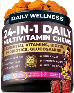 24-in-1 Complete Multivitamin Treats for Dogs - PhD Endorsed 8 Vitamins, Biotin, Probiotics, Glucosamine - Daily Wellness, Immunity, Skin & Coat, Mobility 140 Treats - Beef Flavor - Made in USA