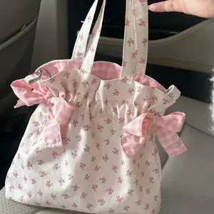 Women's Floral Canvas Handbag with Adjustable Strap & Bow Detail, Large Capacity Casual Shoulder Bag, Lightweight Durable Spring Summer Essential