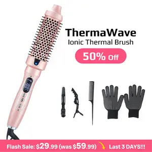 ThermaWave Thermal Brush, Blowout 1.5 inch Heated Round Brush Look with  LED Display, Auto Lock,Dual Voltage, Pink, Less Damage,  Hair Heated Curler Brush,Negative Ions ,hairstyling,long-lasting wave,prime salon-quality,curling irons,crimper for hair tikt