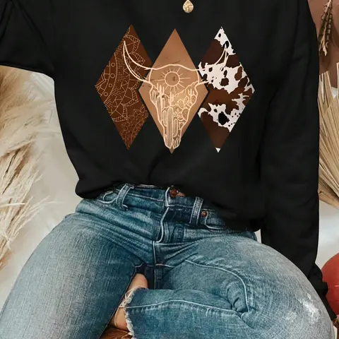 Women's Bull Head Print Round Neck Pullover, Casual Pullover Tops, Casual Long Sleeve Crew Neck for Fall & Winter, Fashion Ladies' Top for Daily Wear