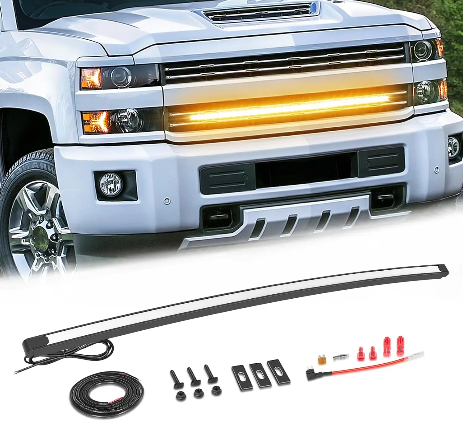 YCHOW-TECH 37In Curved Amber LED Grille Light Bar, Aluminum Alloy Chevy Truck Accessory with DRL Accent Fog Lights, Factory Integration & High Visibility for 2014-2018 Chevy Silverado 1500/2500/3500 Pickup Truck