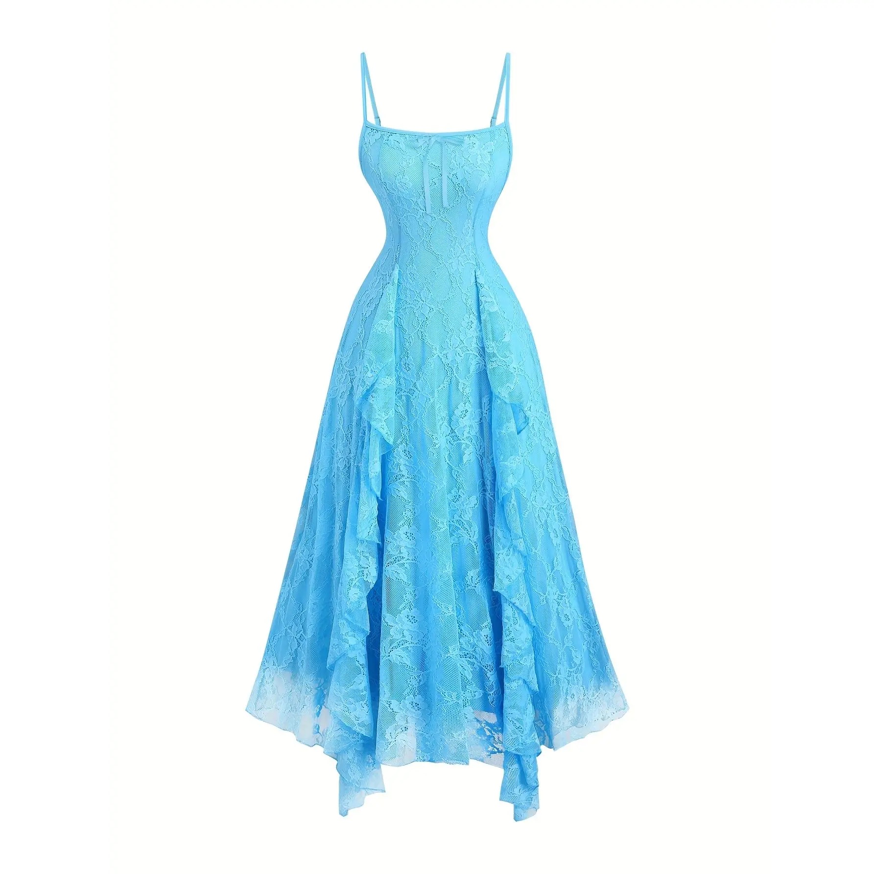 Women's Elegant Off-Shoulder Formal Fabric Dress - Solid Woven Slip Gown with Lacy Ruffled Lace, Spaghetti Straps, Bow, Sexy Sleeveless Style for Summer Prom, Formal Wear, Polyester, Machine Washable, Dry Cleanable