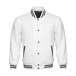 Men and Women Varsity Baseball Jacket College Lettermen Retro Bomber Classic Solid White All Wool Jacket with Black Trimming by Hide Crafts