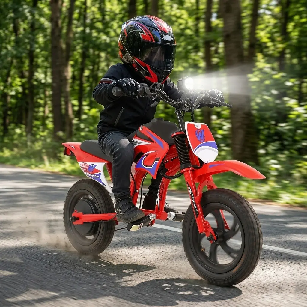 Children's Electric Ride-On Dirtbike Ride on Car - 12-in, 300W Brushless Motor, 3-Speed LCD Display, 10 mph Top Speed, LED Controller, Motorcycle Sound Effects, 8-mi Range, Blue/Red