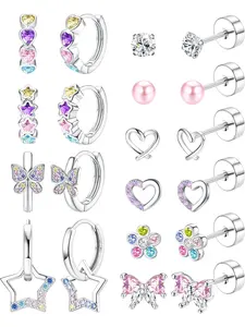 Hypoallergenic Silver Stud Hoop Earrings for Women: Surgical Steel Flatback Cute Earrings with Pink Colorful CZ Stones—Perfect for Sensitive Ears