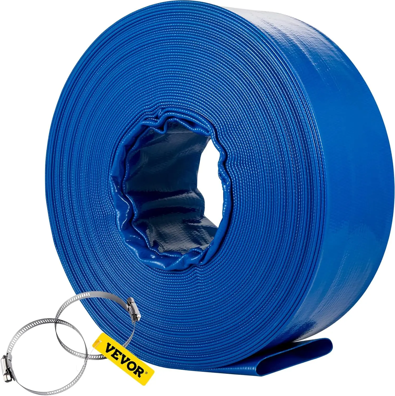 VEVOR Discharge Hose, 4' x 105', PVC Fabric Lay Flat Hose, Heavy Duty Backwash Drain Hose with Clamps, Weather-proof & Burst-proof, Ideal for Swimming Pool & Water Transfer, Blue