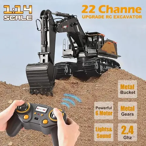 Kolegend 1/14 Scale RC Excavator 22-Channel Remote Control Construction Truck Digger Toy, Metal Shovel & Fully Functional Arm, Rechargeable Battery, Realistic Lights & Sounds, Hobby Grade Christmas Gift for Kids