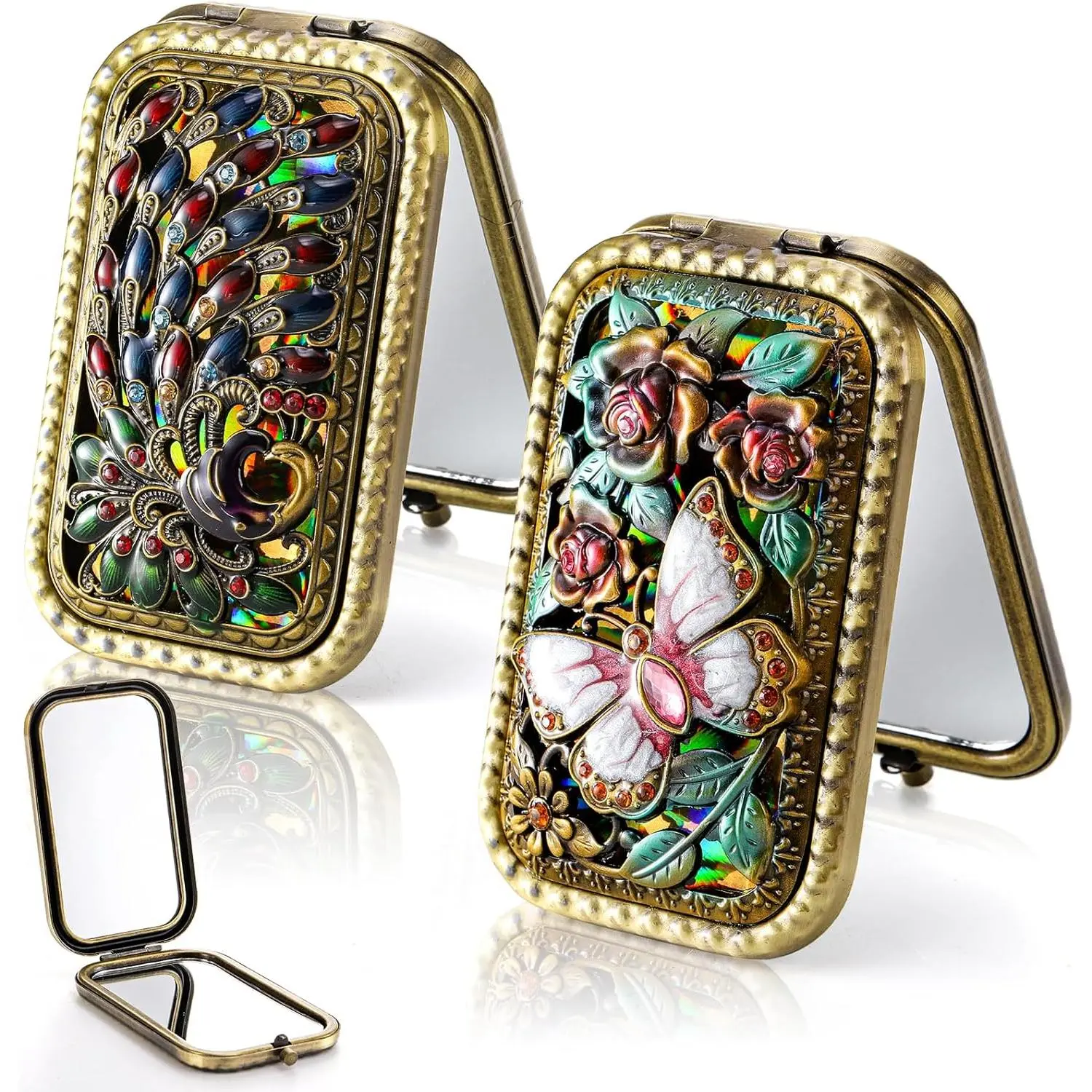 2 count  Foldable Makeup Mirror, Portable  Pocket Mirror, Double Sided Butterfly Peacock Vanity Mirror, Metal Compact Small Folding Travel Mirror for Woman Girls