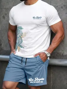 Men Women Summer Matching Two-Piece Set Tropical Leaf Print La Pattern Tee Drawstring Shorts Breathable Lightweight Comfort Home Wear Beach Vacation Casual Pool Party Outfits