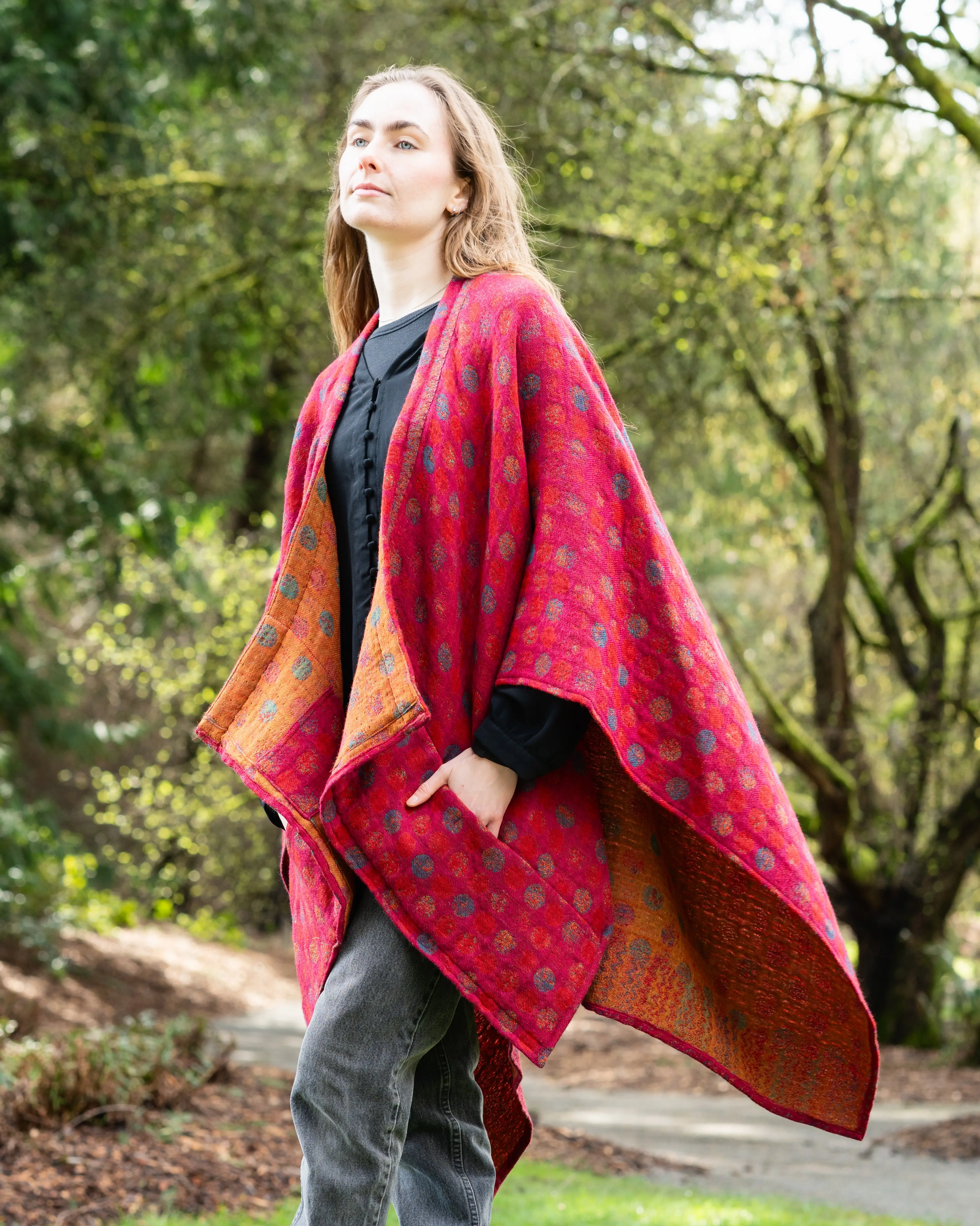 Fuchsia Dot Art Cape in Pure Australian Merino Wool, Reversible Shawl for Women with 3 Pockets, Available in 2 Sizes, Do Not Tumble Dry, Dry Clean, Flat Dry