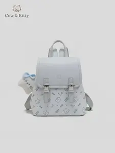 Cow&Kitty Kawaii Light Blue Mini Backpack for Girls Cute Kitty Print Small School Backpack PU Leather Lightweight Travel Daypack Adjustable Straps Aesthetic Bookbag for School Daily Use