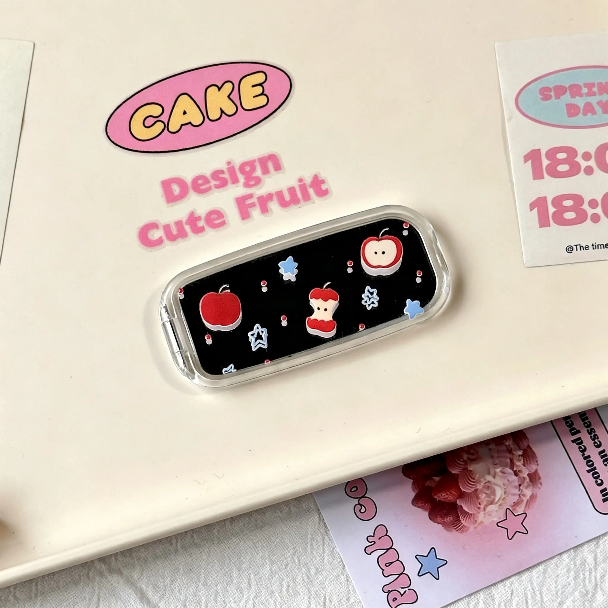 Mirror phone holder for various smooth phone cases, cartoon fruit cake cartoon pattern, foldable, suitable for fixing phones and girls' makeup and touch ups