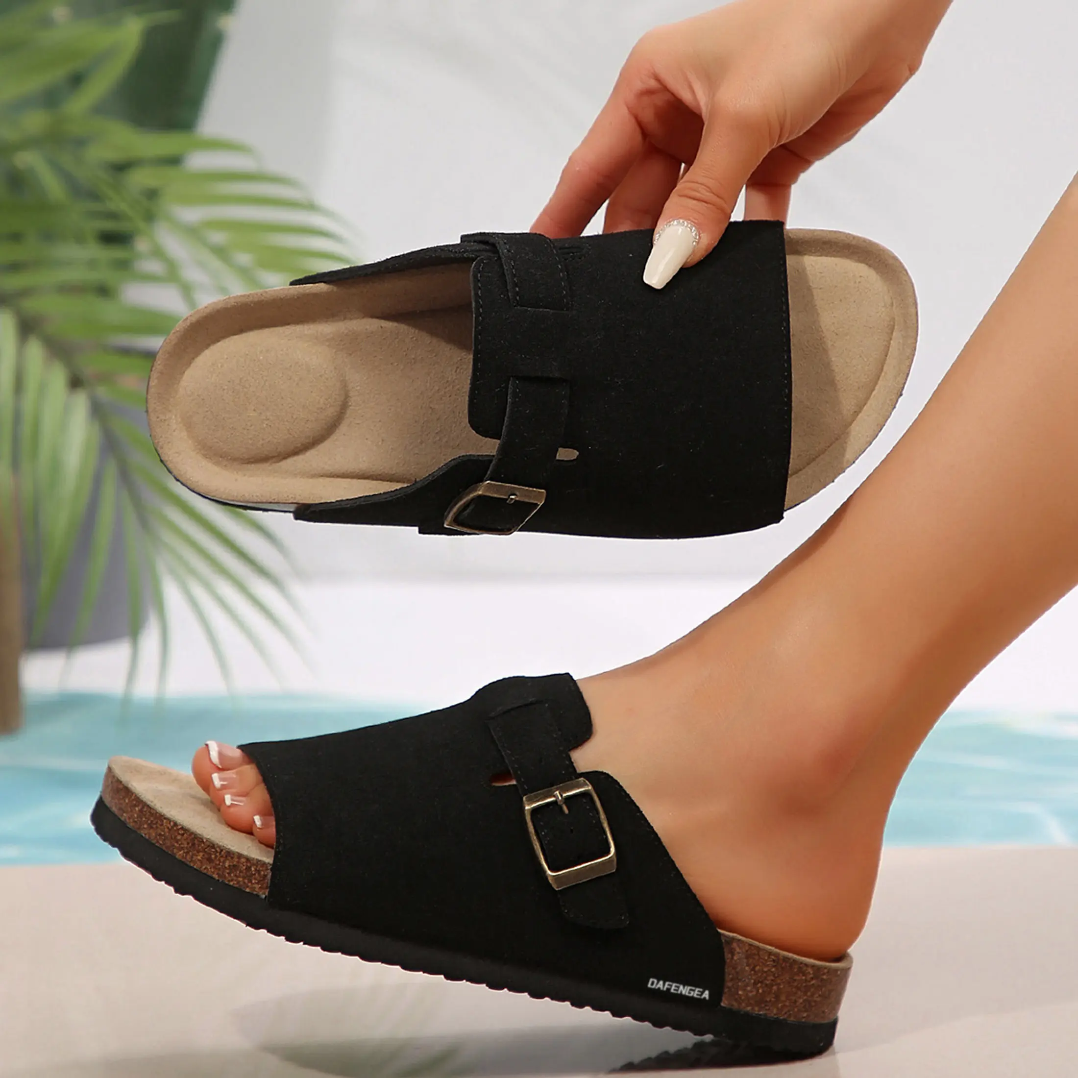Womens Flat Sandals Cork Footbed Slides Straps Adjustable Buckle Slip On Summer Slippers