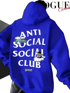 Men's Hooded Sweatshirt Fall Winter, Anti Social Social Club Cartoon Print, Casual Loose-Fitting Streetwear Top, Trendy Drop Shoulder Design
