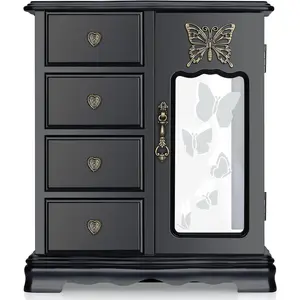 Solid Wooden  Box Makeup and Organizer Women Ring Storage with 4-Drawers Built-in Necklace Carousel and Mior Black