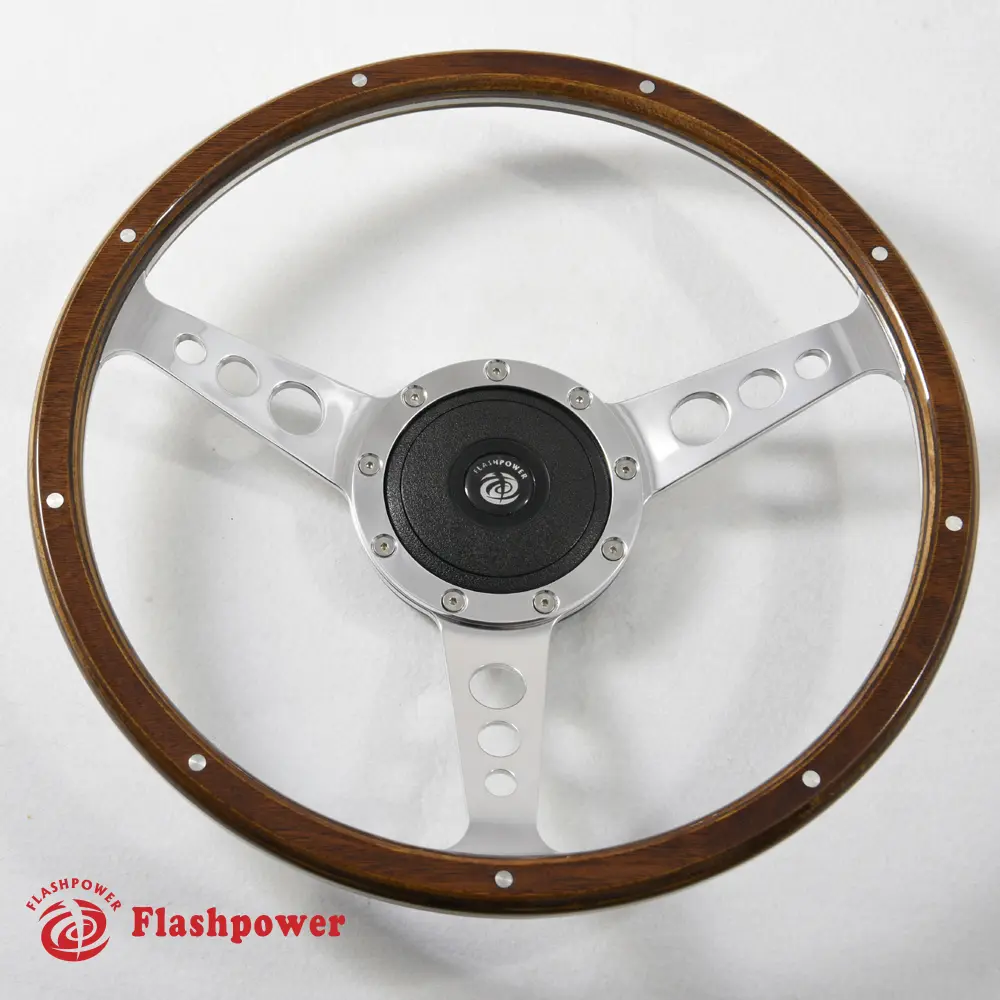 14'' Classic Riveted Wooden Steering Wheel, 6061 Aluminium, Genuine Mahogany Laminated Wood, Horn Button for Custom Ford Mustang Shelby AC Cobra & Classic Cars