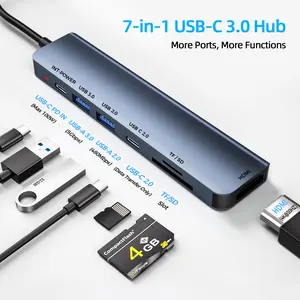 Upgrade USB 3.0 Hubs, 7-in-1 USB Splitter USB Expander for Laptop, 100W PD Charging 4K HDMI Multi-function Adapter with SD Card Reader, Office Accessories