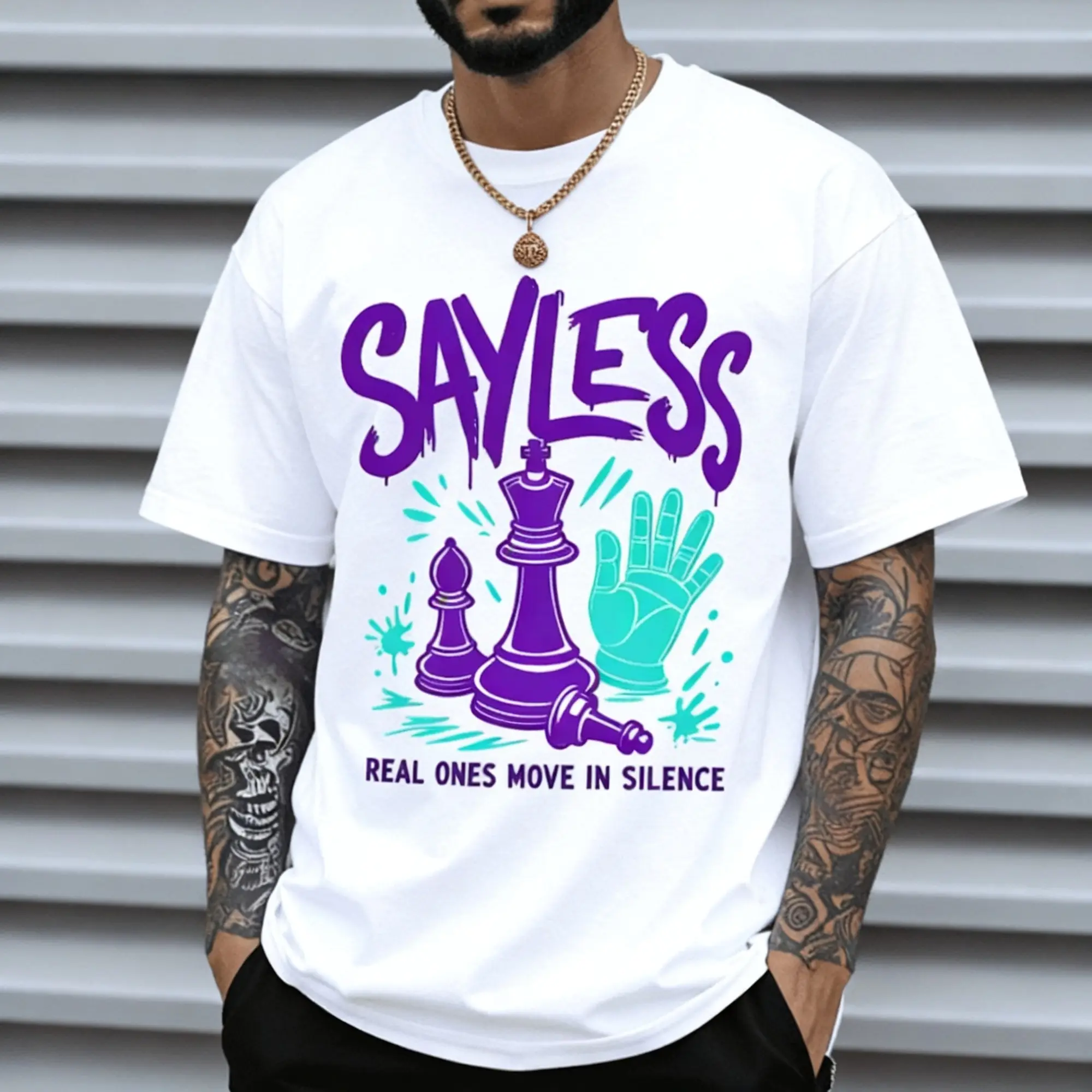 Fashion Men Round Neck Short Sleeve Tee, White Chess & Sayless Print, 180gsm 100% Pure Cotton. Minimalist casual street style with smooth fabric, comfy to wear in spring and summer. Nice holiday gift choice for St. Patrick's Day and Easter.