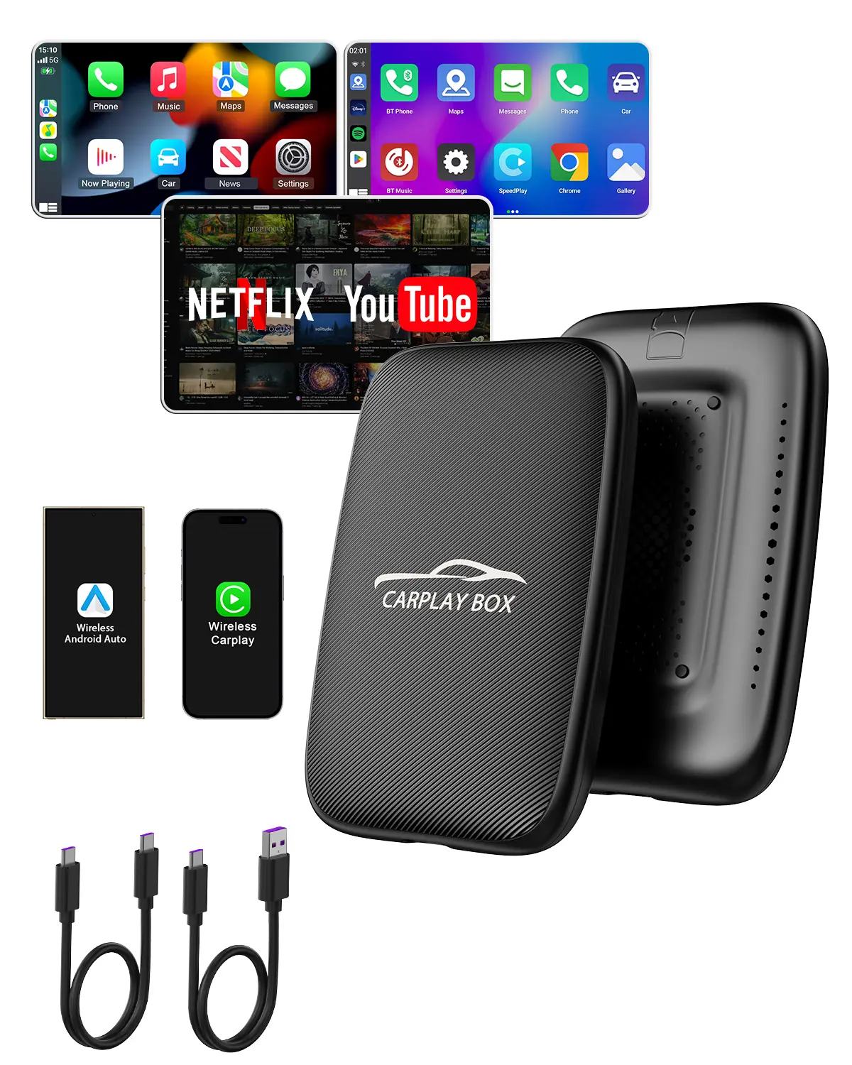 Upgraded Wireless CarPlay Adapter - Android Auto Dongle with Plug-N-Play, Netflix/YT Support, USB-A-C & USB-C Cables for iPhone/Android, AI Box for In-Car Streaming, CarPlay Adapter Netflix, YouTube on Car Nav, Wired to Wireless Conversion