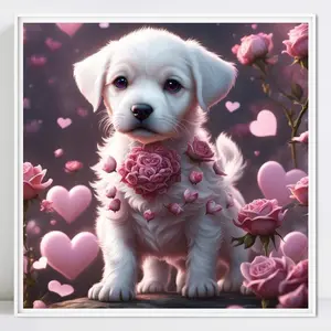 White Pet Dog Diamond Painting Kits Canvas Without Frame, With Tools Full Round Diamond Mosaic Pink Hearts Roses Valentine's Day Gift