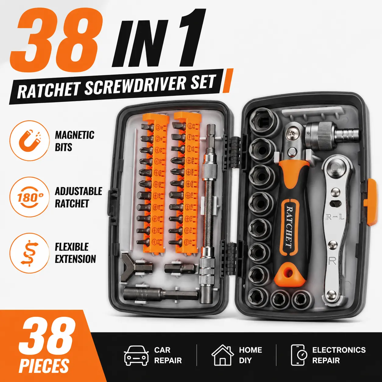 38-Piece Ratchet Screwdriver Set, 38-in-1 Precision Repair Tool Kit with Magnetic Bits, Flexible Shaft Extension, Socket Adapter & Storage Case for Home DIY, Car Repair